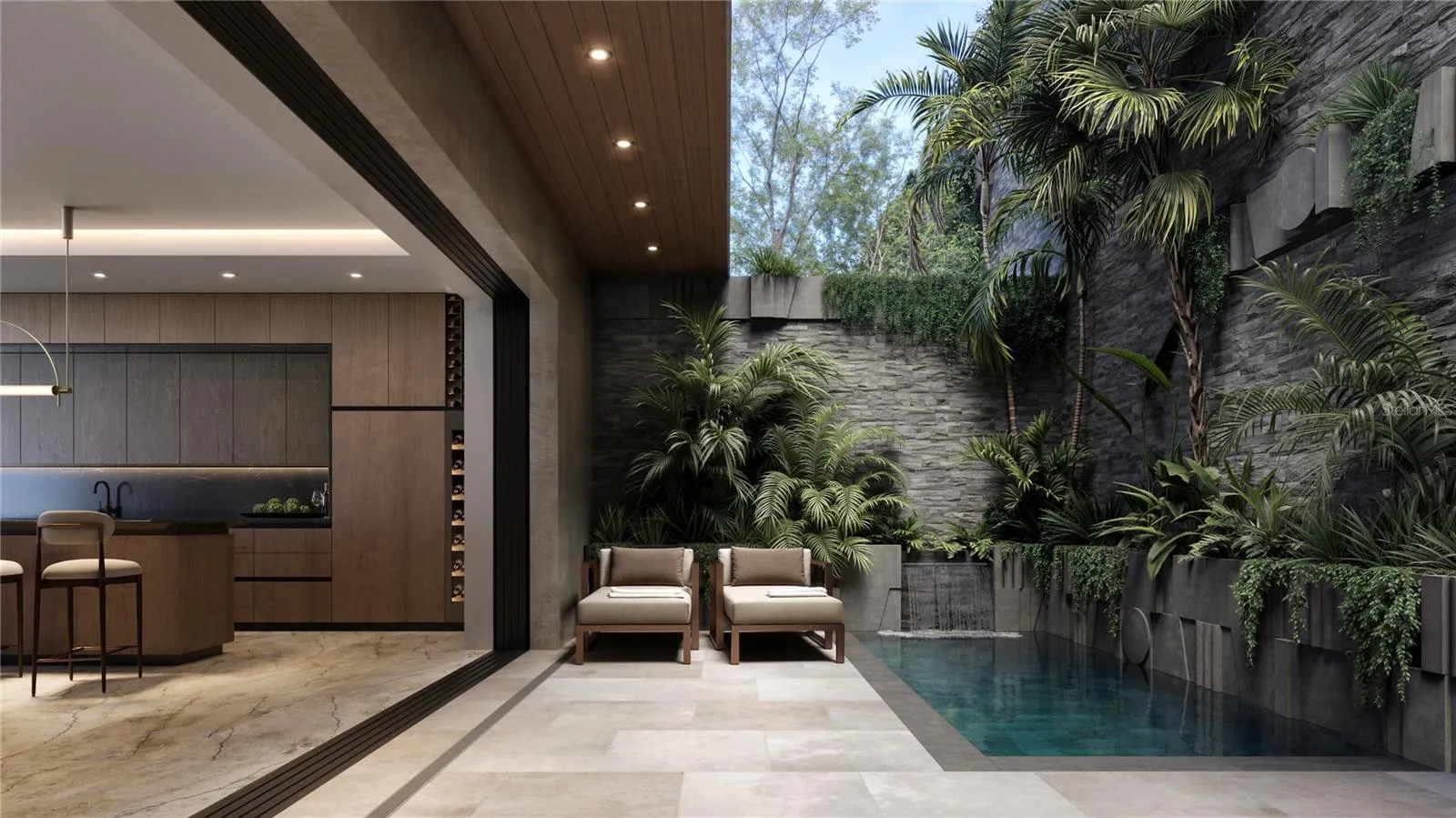 Pool, deck and kitchen