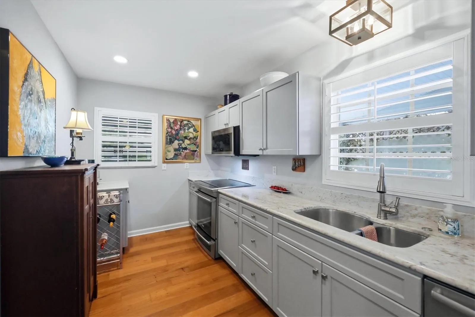 upgraded SS appliances and light fixture; Carrara marable countertops
