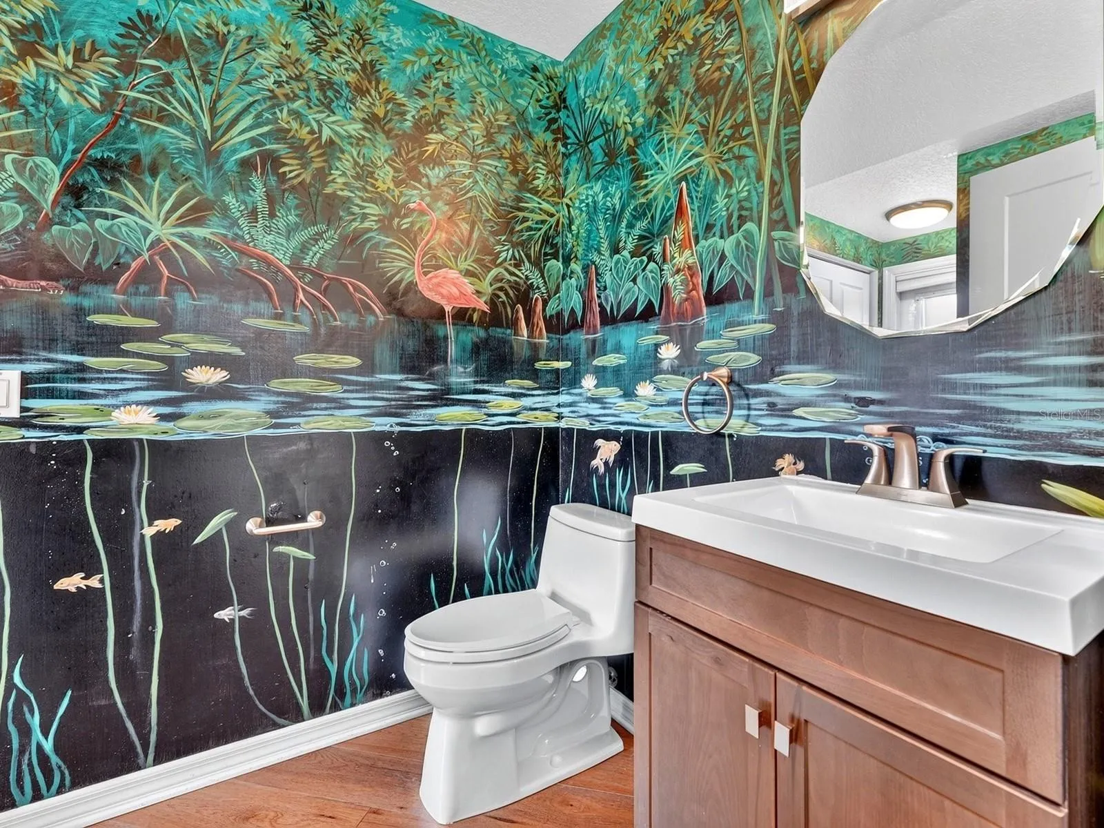 Guest bath with custom hand painted mural