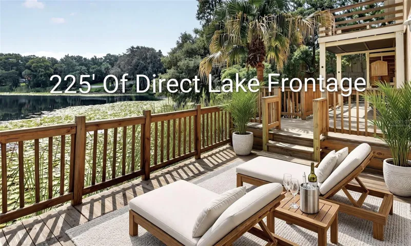 Virtually staged outdoor deck overlooking the lake.