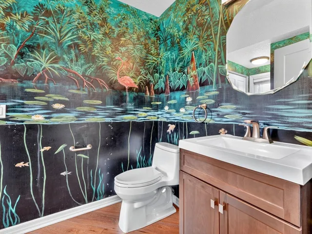 Guest bath with custom hand painted mural