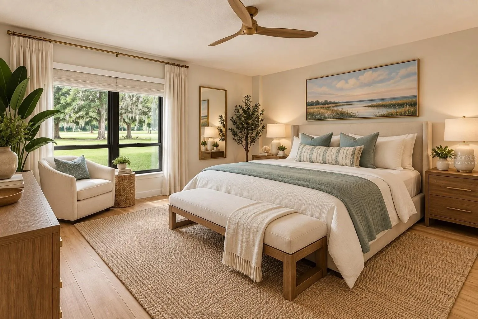 Virtually Staged Primary Bedroom Overlooking Golf Course