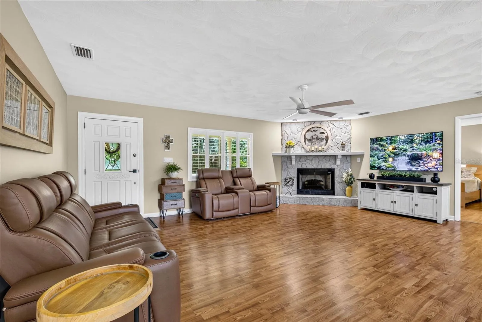 Great room with stone fireplace