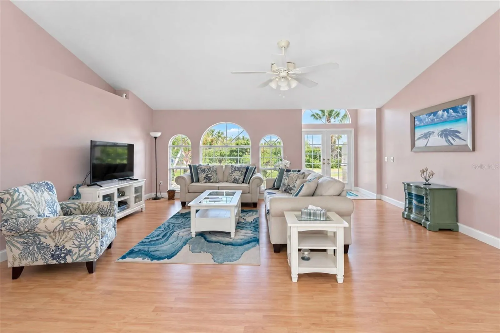 View of the living room from the lanai/sliding glass doors.
