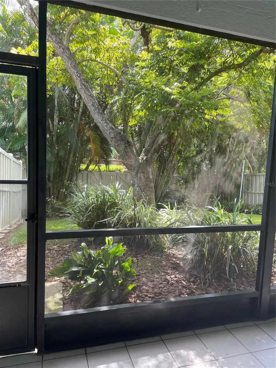 screened patio looks out to fenced yard