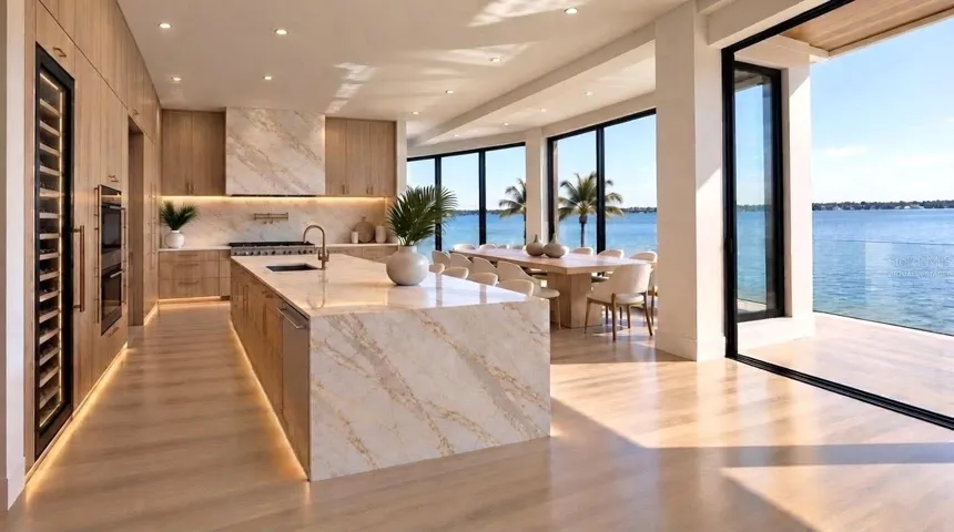 Kitchen and dining room, virtually staged