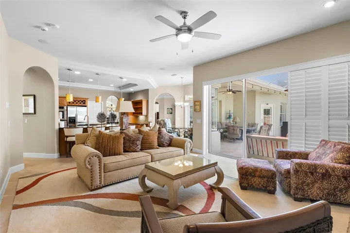The family room and kitchen connect in an open layout designed for easy entertaining
