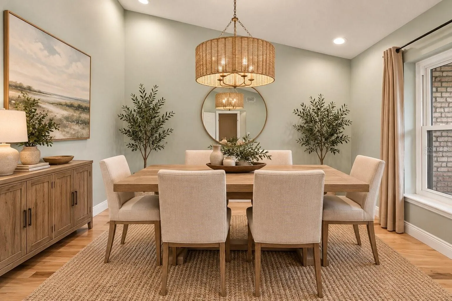 Virtually staged formal dining room.