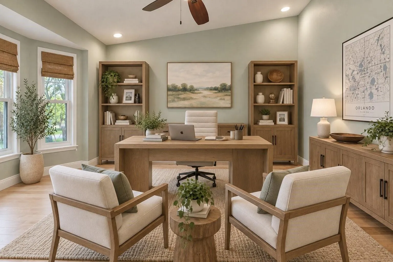 Virtually staged home office or den.