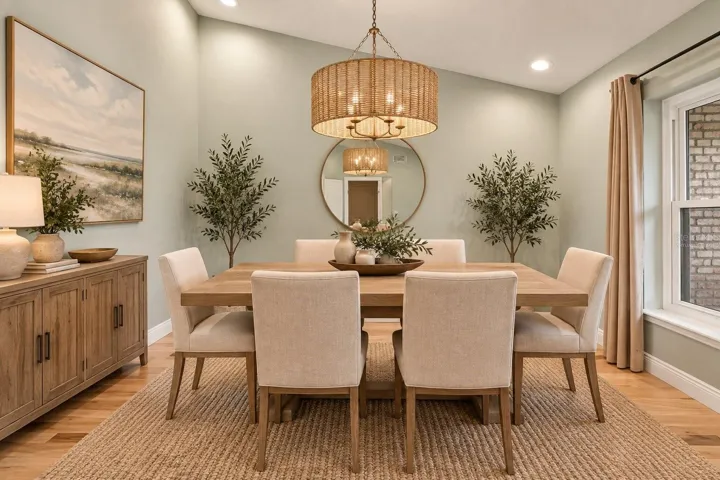 Virtually staged formal dining room.