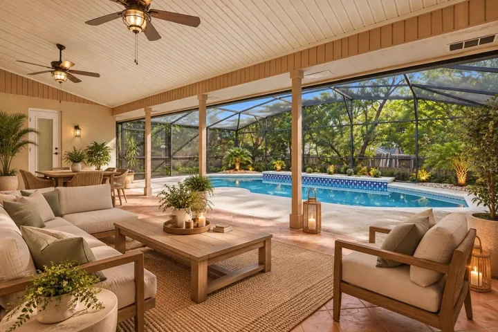 Virtually staged covered patio overlooking the private pool.