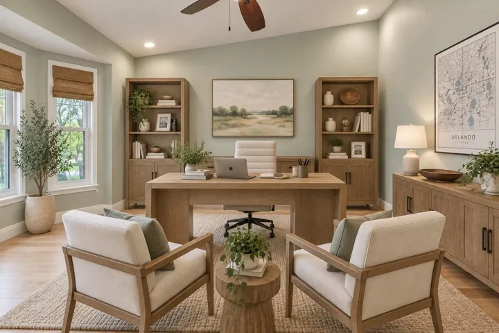 Virtually staged home office or den.