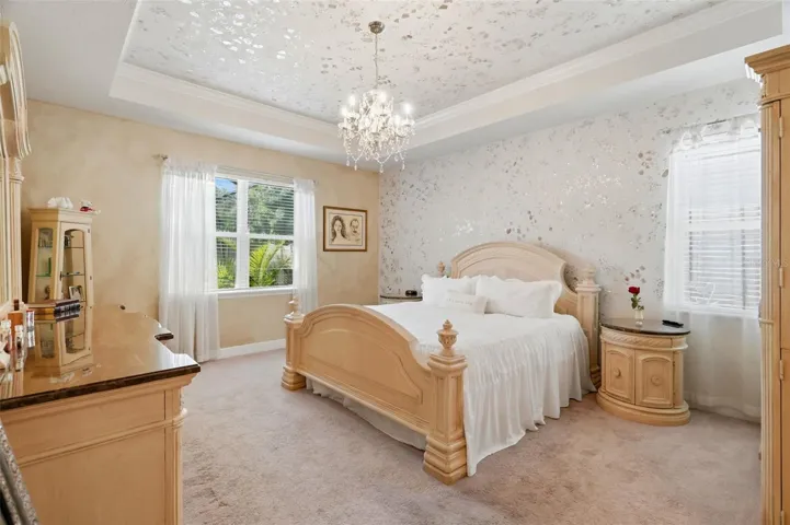Spacious primary suite with tray ceiling and custom decorative wall and ceiling finishes.