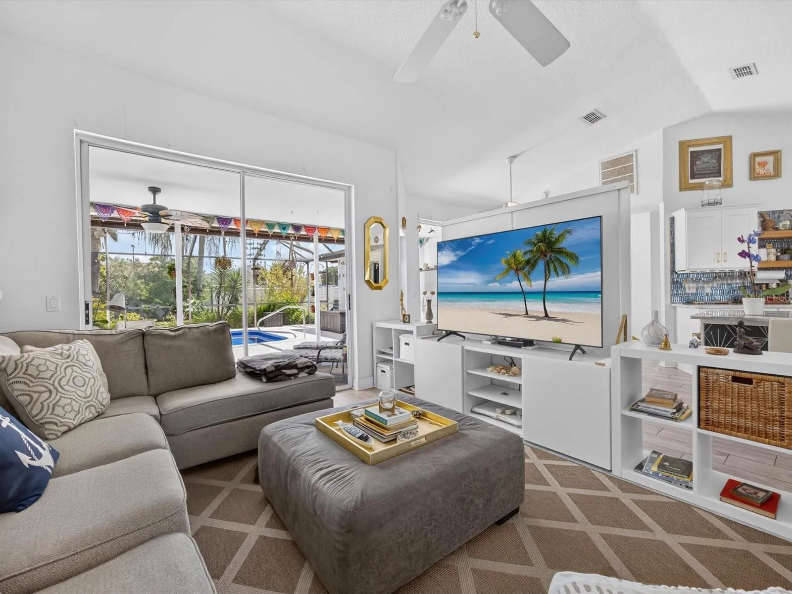 Open Living/Family Room Vaulted Ceiling with loads of light