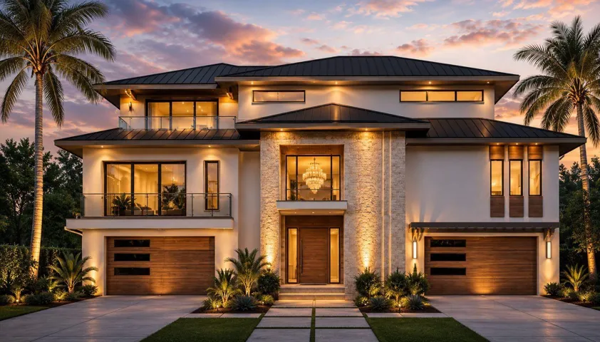 “Architectural Rendering – Front Exterior | Custom New Construction Waterfront Residence in Venetian Isles.”