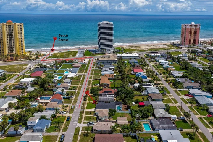 Aerial neighborhood photo with annotated directions showing the quick, direct route down the street to local beach access.