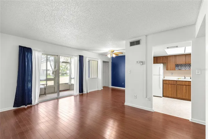 living area and into kitchen