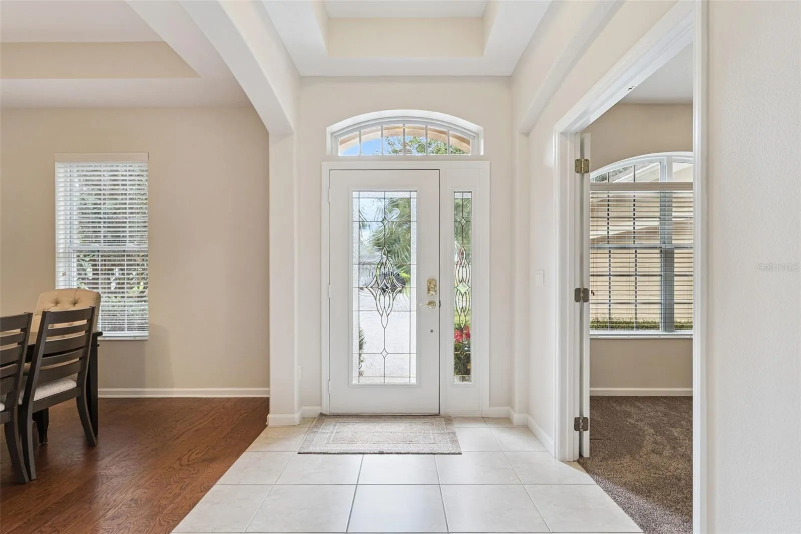 Foyer entryway w/ tray ceiling & leaded glass front door