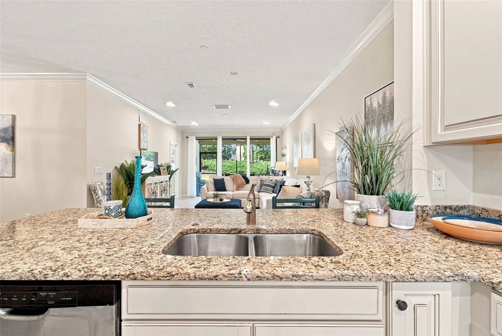 Kitchen views into living room