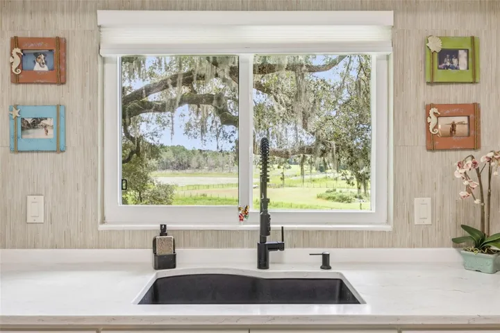 Even the kitchen sink has a view: quartz counters, a designer faucet, and grasscloth accents frame a stunning window overlooking centuries-old oaks and open pasture.