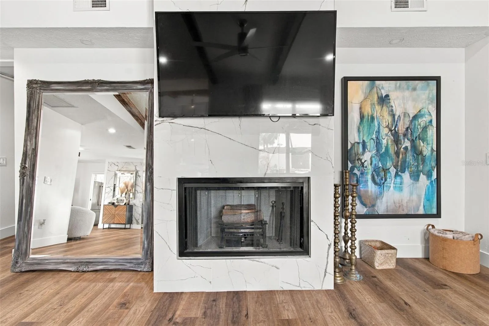Wood burning fireplace in the living room