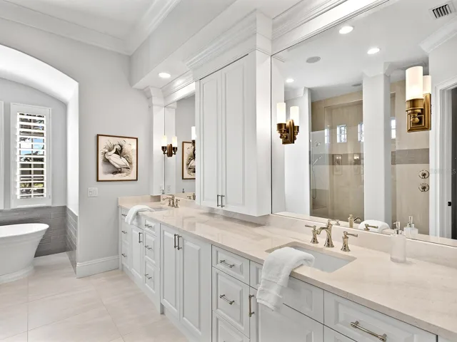Primary bathroom has been remodeled