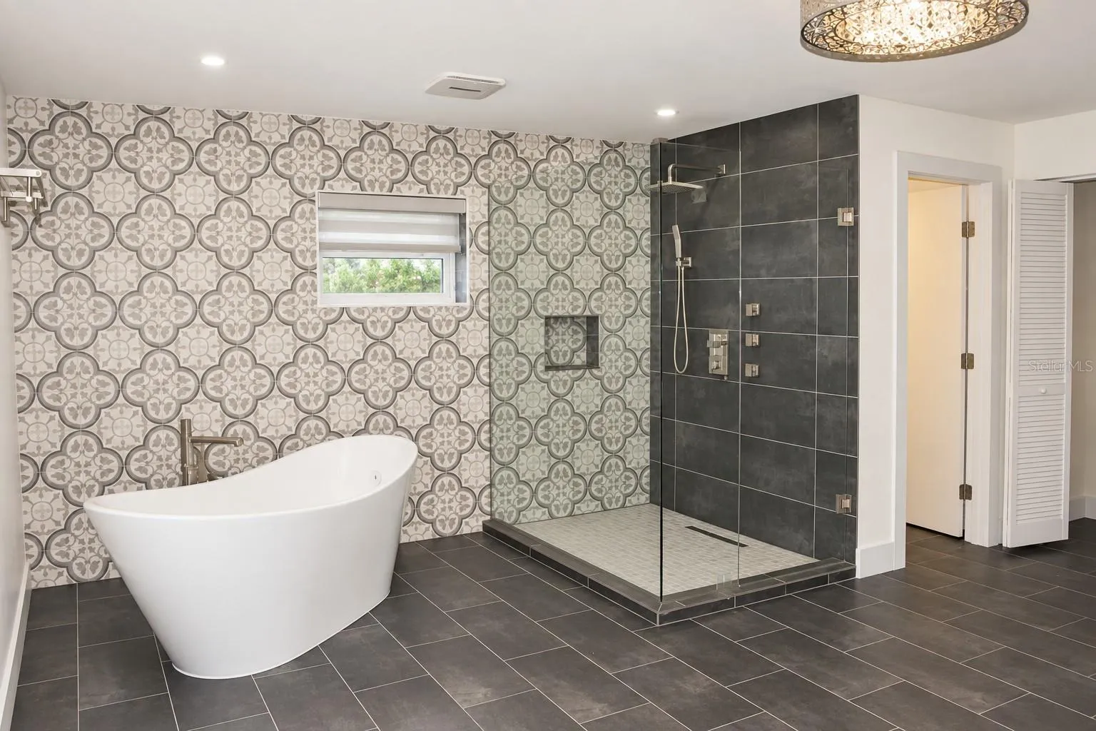 High-end walk-in shower and freestanding tub