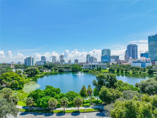 Views facing east over mirror lake toward the downtown skyline