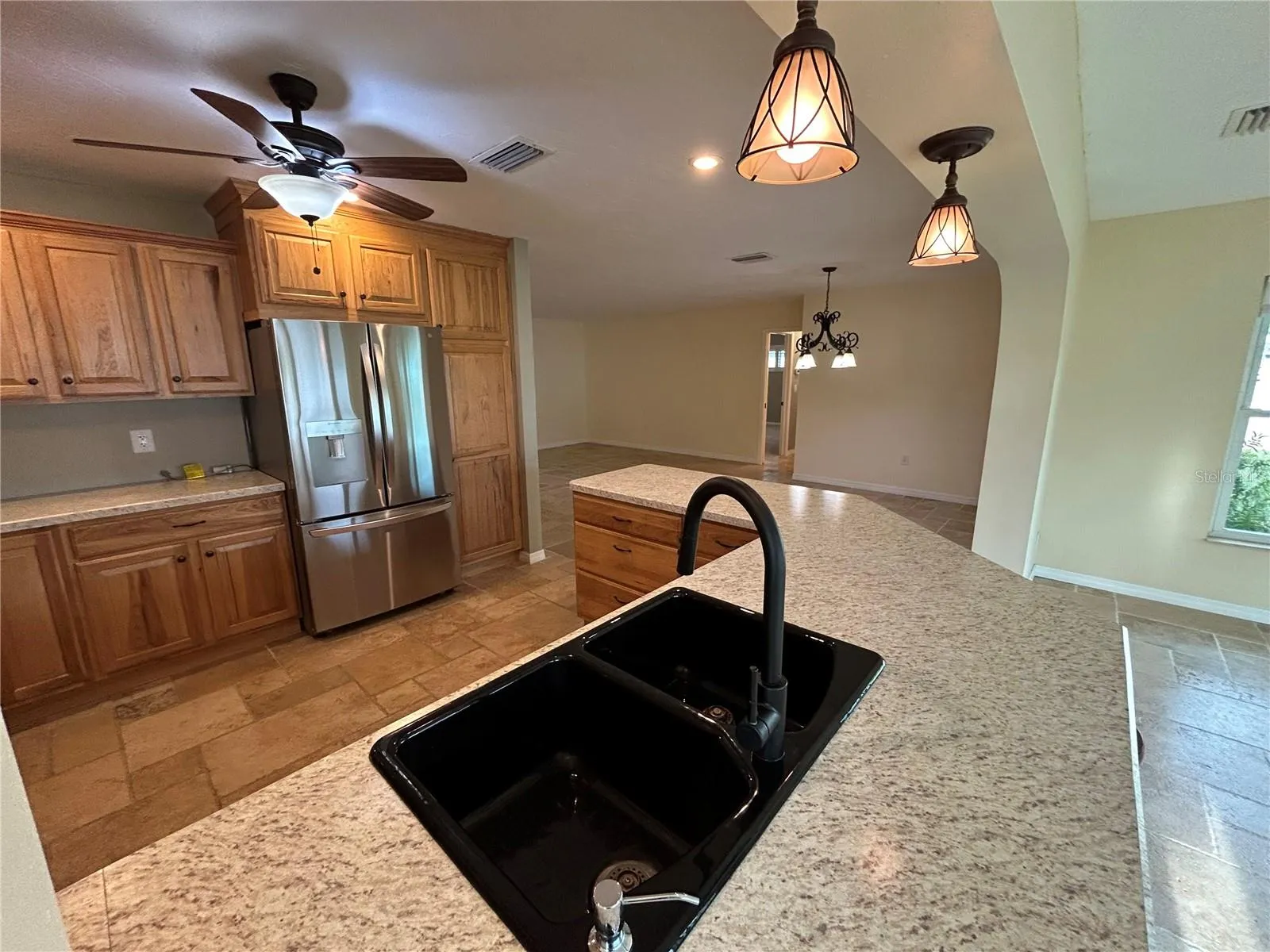 Double sinks ,Accent pendant lighting.