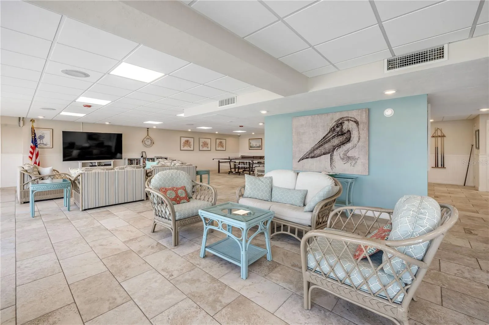 Honor system lending library and large screen TV