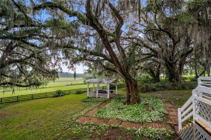 Beautiful backyard shaded by majestic oak trees draped in Spanish moss, featuring a charming gazebo and peaceful views of the surrounding pasture.
