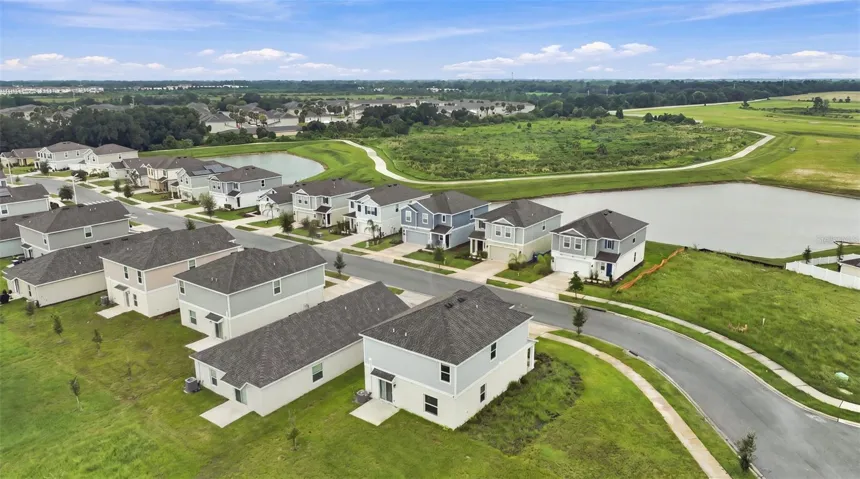 Aerial view of the property and the community