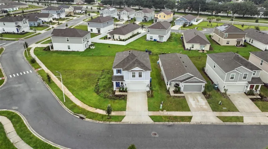 Aerial view of the property and the community