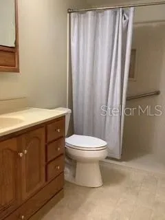Bathroom 2 with tall counter top and walk in shower.