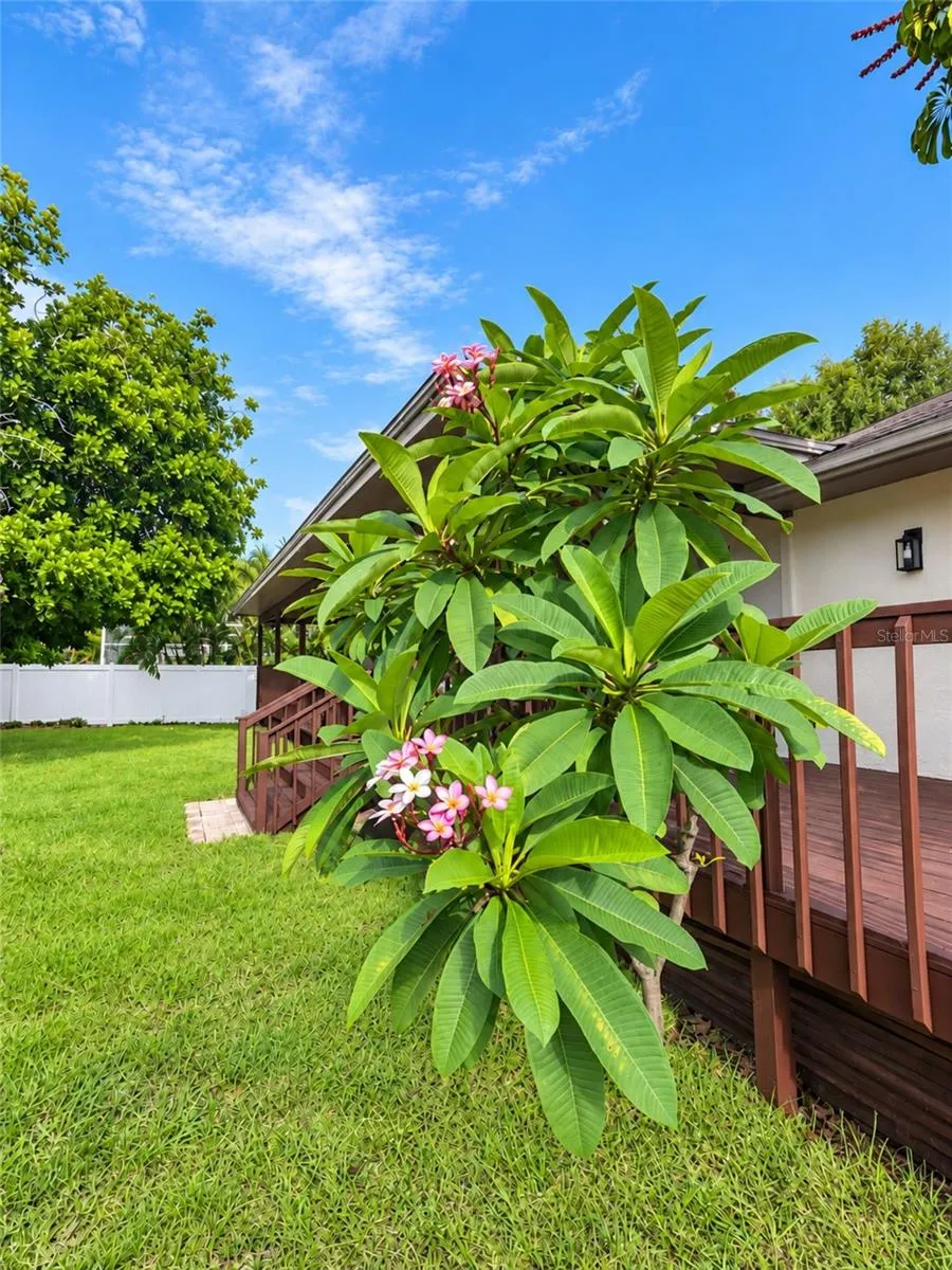 Mature tropical landscaping surrounds the backyard for exceptional privacy.