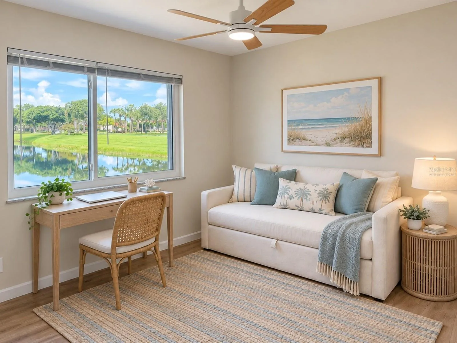 Guest bedroom or office with water view.  Virtually staged