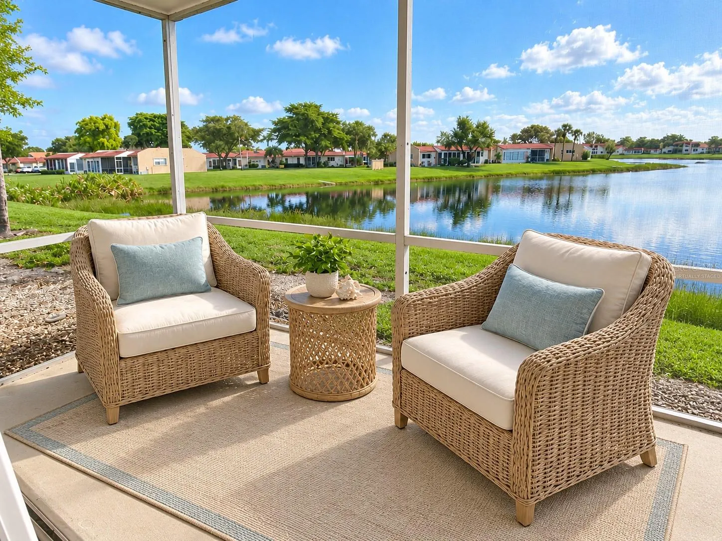 Screened patio with water view. Virtually staged