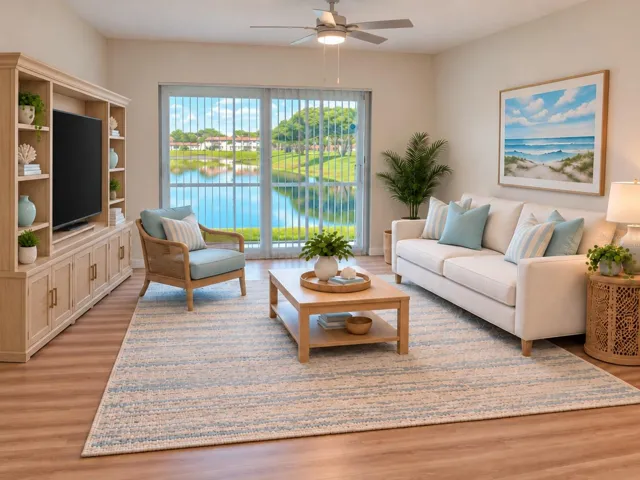 Living room with screened patio and water view. Virtually staged