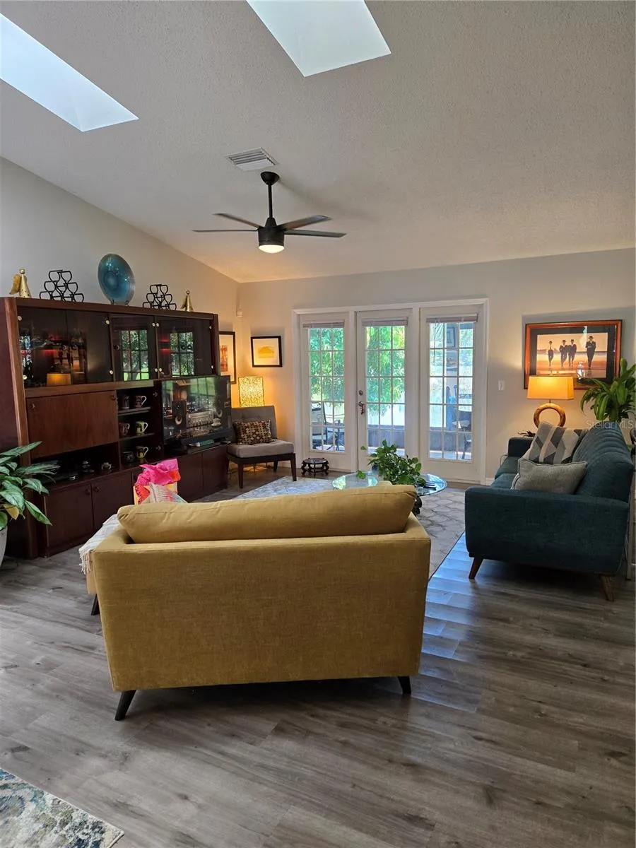 living room with skylights