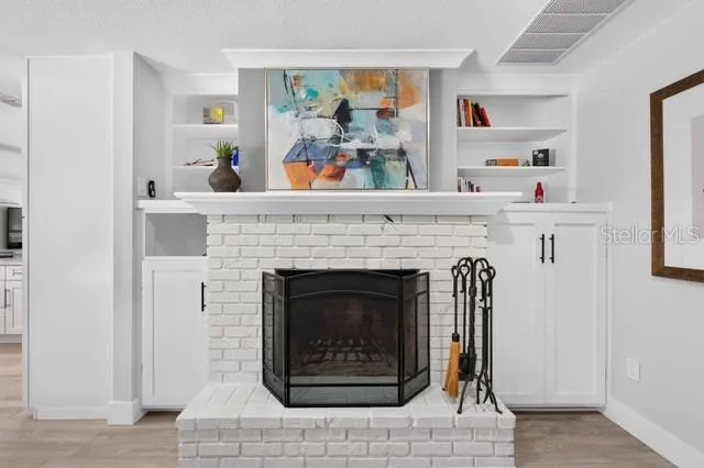 Family room wood burning fire place