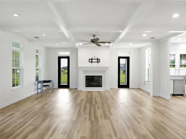 Facing fireplace and side porch