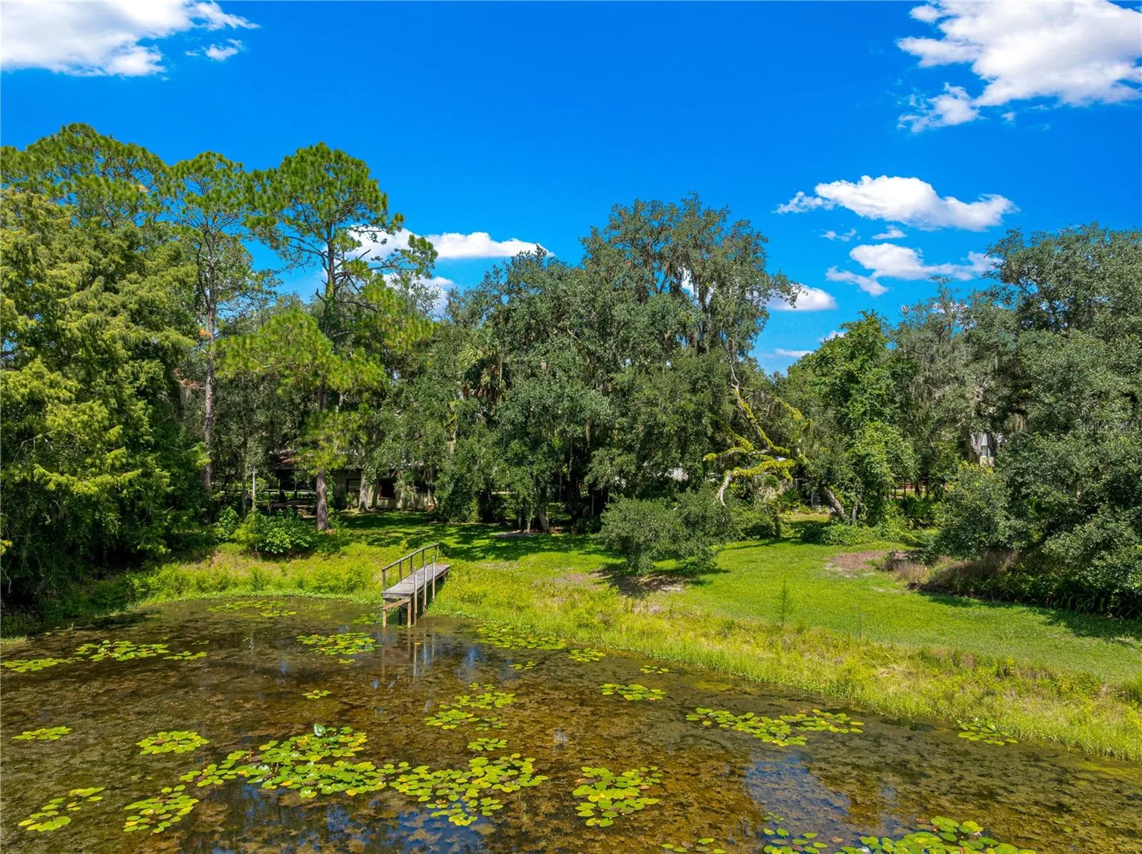 Wood dock and canal setting.