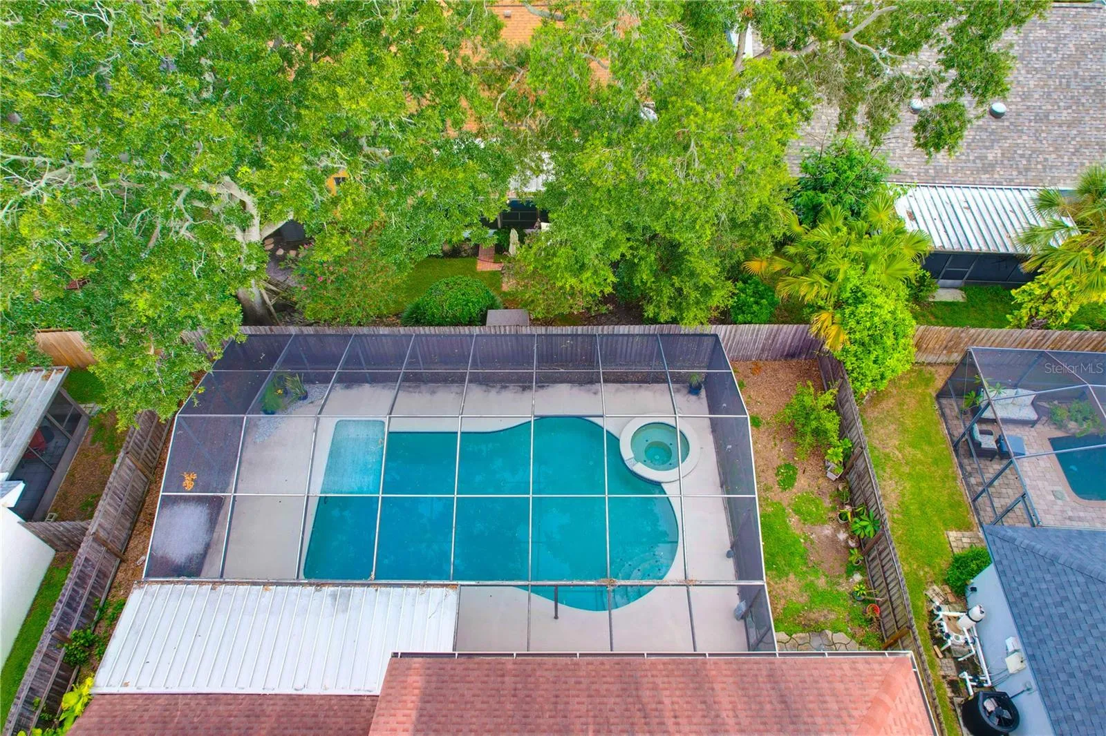 Aerial view of backyard.