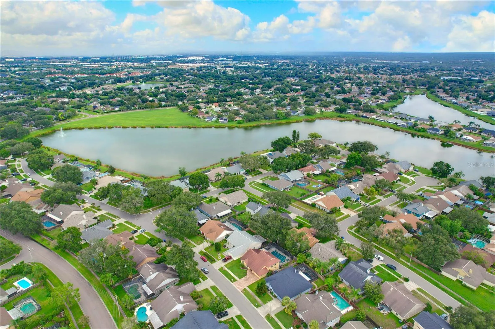 Aerial view of Providence Lakes neighborhood and lake.
