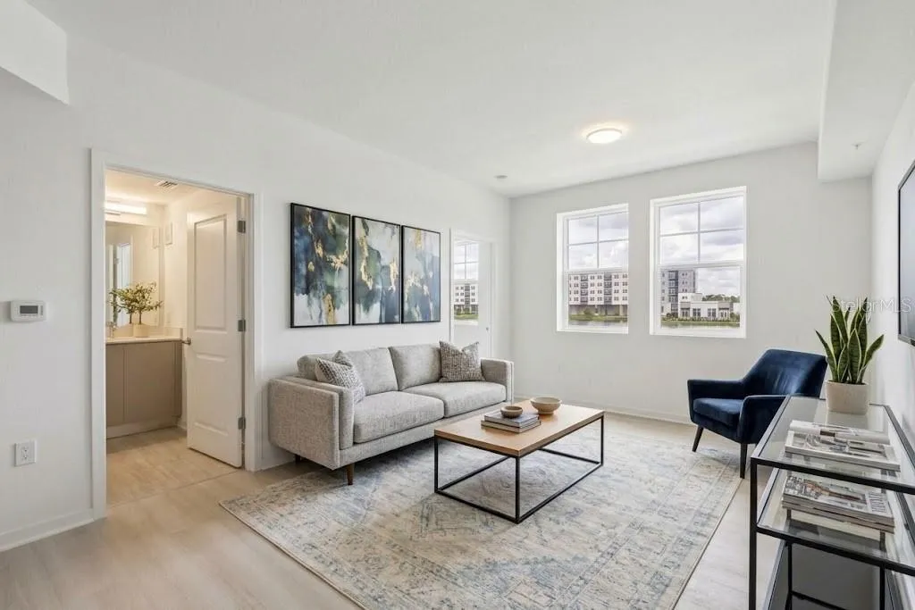 Open living room with water view