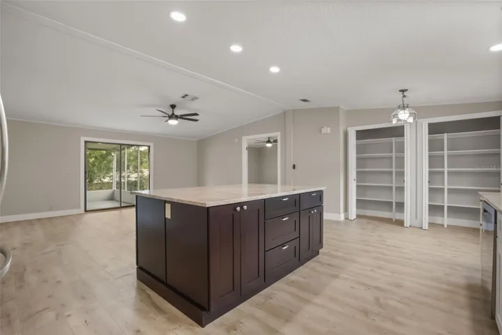 Island with Quartzite Countertops and Pull Out Drawers