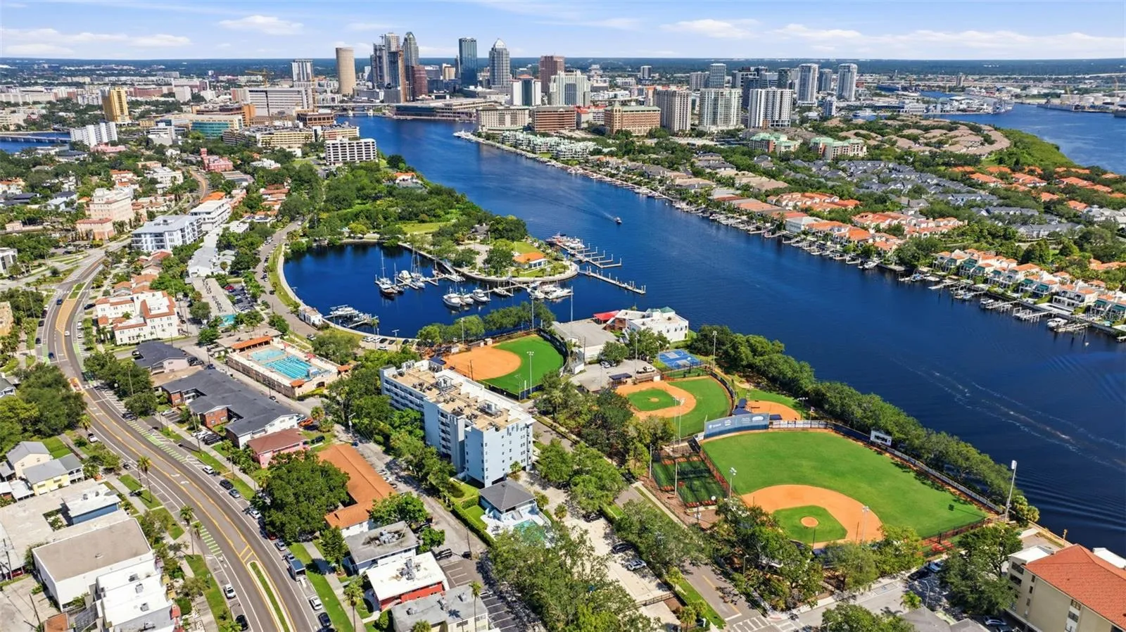 The east side of Davis Islands and a short walk from 619 Danube Ave. includes the little league baseball field, pool and Marjorie Park Marina.