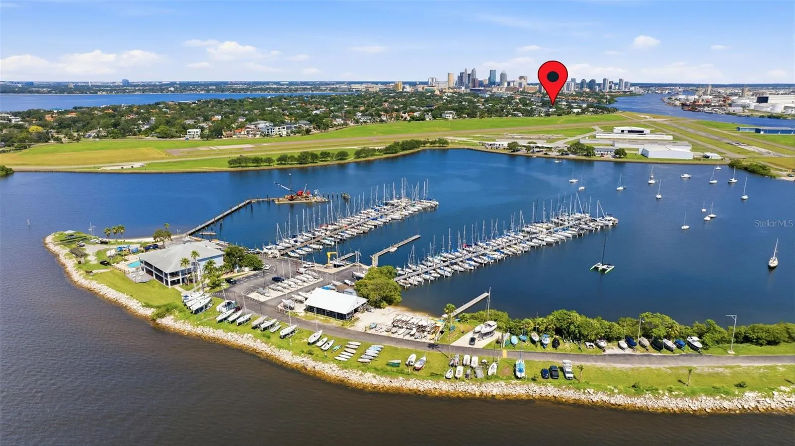 Davis Islands Yacht Club with the Seaplane Basin and Peter O'Knight Executive Airport.