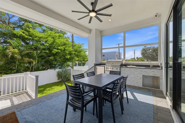 The covered back porch is large enough for a dining table and chairs or convert to a comfortable sitting arrangement.