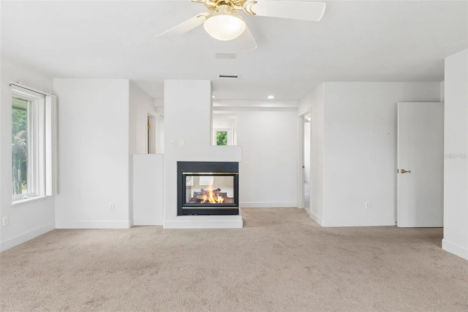 Primary bedroom with fireplace, private bath access, and spacious walk-in closet.
